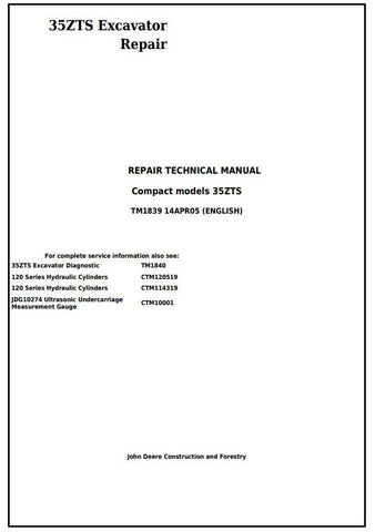 John Deere 35ZTS Compact Excavator Technical Service Repair Manual TM1839