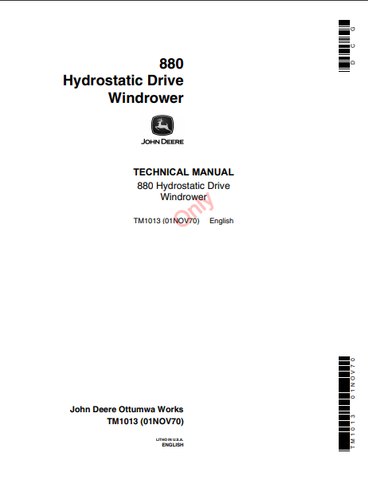 John Deere 880 Hydrostatic Drive Windrower Technical Service Repair Manual TM1013 - Manual labs