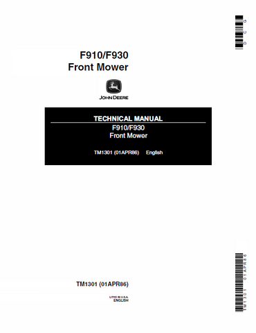 John Deere F910, F930 Front Mower Technical Service Repair Manual TM1301 - Manual labs