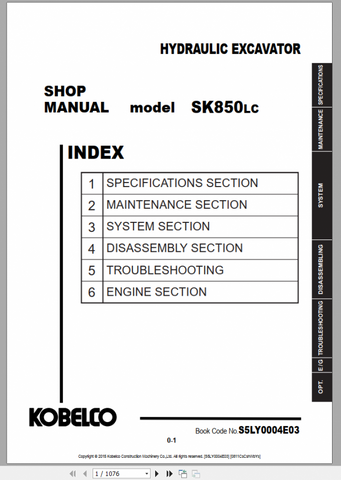 Kobelco SK850LC-8 SEAs IDn Repair Shop Manual S5LY0004E03 Download PDF - Manual labs