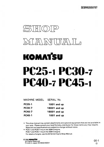Download PDF For Komatsu PC25-1, PC30-7, PC40-7, PC45-1 Hydraulic Excavator Service Repair Manual SN: 1001 and up, 18001 & up