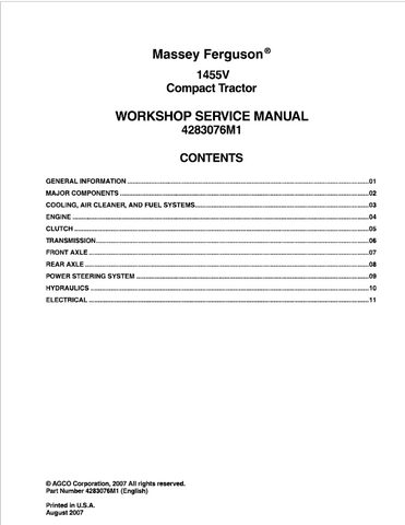 Massey Ferguson 1455V Compact Tractors Service Repair Manual 4283076M1 - Manual labs