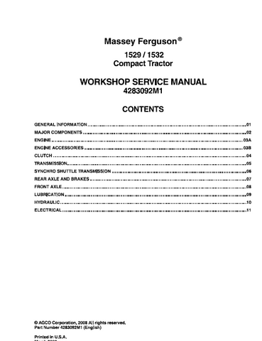 Massey Ferguson 1529, 1532 Compact Tractor Workshop Service Manual 4283092M1 - Manual labs