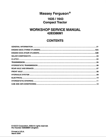 Massey Ferguson 1635 & 1643 Compact Tractor Workshop Service Repair Manual 4283386M1 - Manual labs
