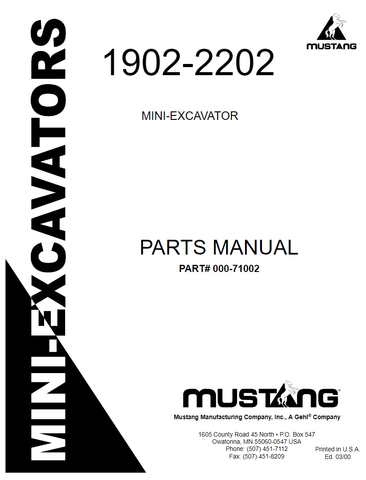 This is a comprehensive PDF Parts Catalog for Mustang 1902-2202 Mini Excavators. It covers all possible parts and components on your machine, with detailed schematics and diagrams for quick referencing. This download makes maintenance, repairs, and ordering parts easier than ever.
