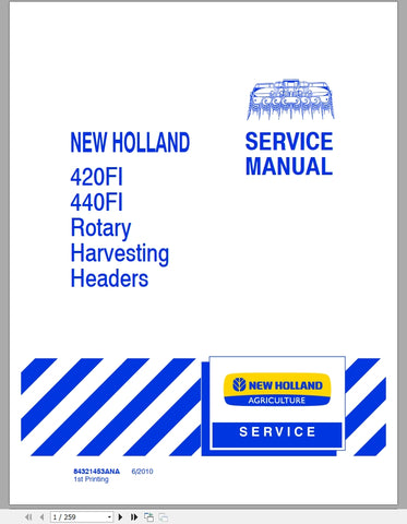 New Holland 420 FI, 440 FI Rotary Harvesting Headers Service Repair Manual 84321453ANA - Manual labs