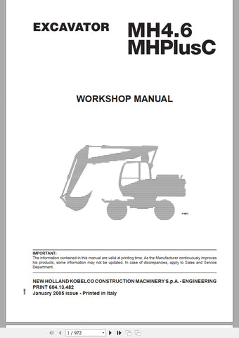 New Holland Excavator MH4.6 MHPlusC Workshop Service Repair Manual 60413482 - Manual labs