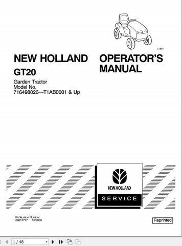 New Holland Garden Tractor GT20 716498026-T1AB0001 Operator’s Manual 86617777 - Manual labs