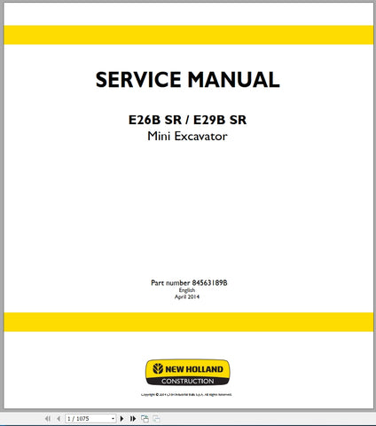 New Holland Mini Excavator E26B SR, E29B SR Service Repair Manual 84563189B - Manual labs