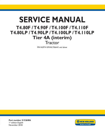 New Holland T4.100F, T4.100LP, T4.110F, T4.110LP, T4.80F, T4.80LP, T4.90F, T4.90LP Tractor Service Repair Manual 51526006 - Manual labs