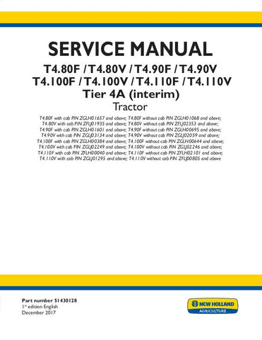 New Holland T4.100F, T4.100V, T4.110F, T4.110V, T4.80F, T4.80V, T4.90F, T4.90V Tractor Service Repair Manual 51430128 - Manual labs