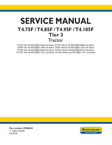 New Holland T4.105F, T4.75F, T4.85F, T4.95F Tractor Service Repair Manual 47888362 - Manual labs