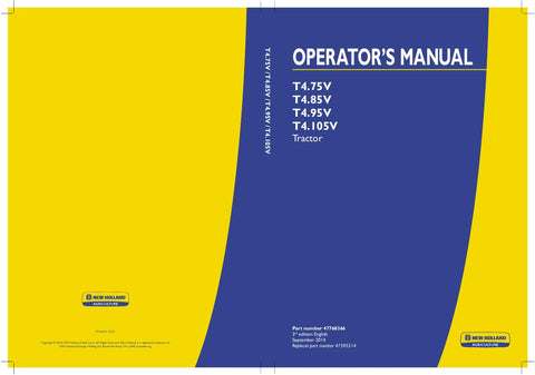 New Holland T4.75V, T4.85V, T4.95V, T4.105V Tractor Operator's Manual 47768366 - Manual labs
