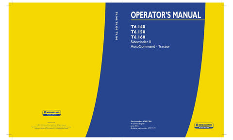 New Holland T6.140, T6.150, T6.160 Sidewinder II AutoCommand - Tractor Operator's Manual 47897286 - Manual labs