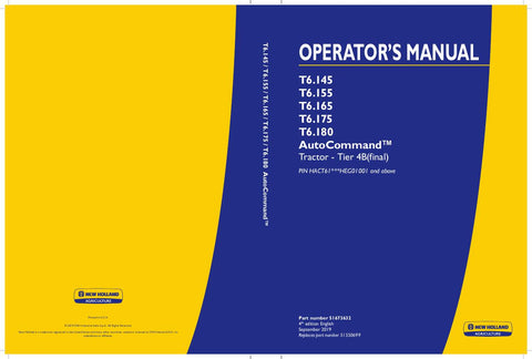 New Holland T6.145, T6.155 AutoCommand Tractor Tier 4B(final) Operator's Manual 51550699 - Manual labs