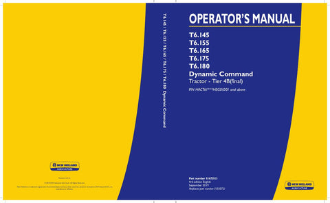 New Holland T6.145, T6.155, T6.165, T6.175, T6.180 Dynamic Command Tractor - Tier 4B (final) Operator's Manual 51550721 - Manual labs