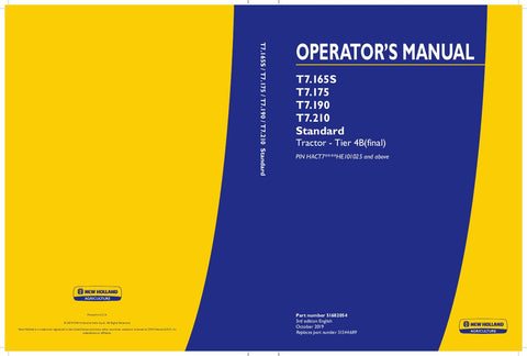 New Holland T7.165S, T7.175, T7.190, T7.210 Tractor - Tier 4B (final) Operator's Manual 47980673 - Manual labs