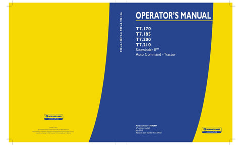 New Holland T7.170, T7.185, T7.200, T7.210 Sidewinder llTM Auto Command - Tractor Operator's Manual 47892994 - Manual labs
