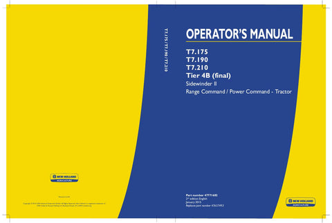 New Holland T7.175, T7.190, T7.210 Tier 4B (final) Sidewinder ll Range Command  Power Command - Tractor Operator's Manual 47771682 - Manual labs