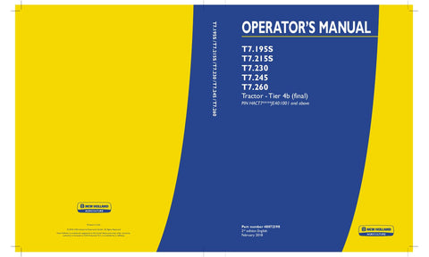 New Holland T7.195S, T7.215S, T7.230, T7.245, T7.260 Tractor - Tier 4b (final) Operator's Manual 48072398 - Manual labs