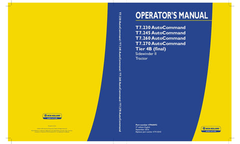 New Holland T7.230, T7.245 Tractor AutoCommand Sidewinder II Tier 4B (final) Operator's Manual 47960492 - Manual labs
