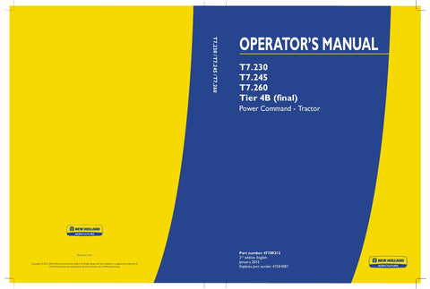 New Holland T7.230, T7.245, T7.260 Tier 4B (final) Power Command - Tractor Operator's Manual 47789212 - Manual labs