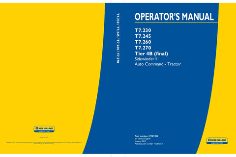 New Holland T7.230, T7.245, T7.260, T7.270 Tier 4B (final) Sidewinder ll Auto Command - Tractor Operator's Manual 47789223 - Manual labs