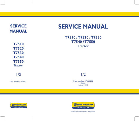 New Holland T7510, T7520, T7530, T7540, T7550 Tractor Service Repair Manual 47505533 - Manual labs