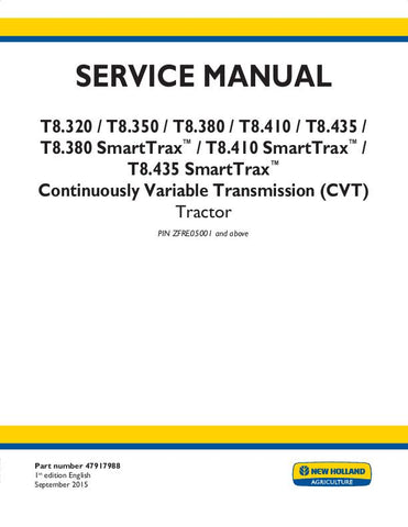 New Holland T8.320, T8.350, T8.380, T8.380 SmartTrax™, T8.410, T8.410 SmartTrax™, T8.435, T8.435 SmartTrax™ Tractor Service Repair Manual 47917990 - Manual labs