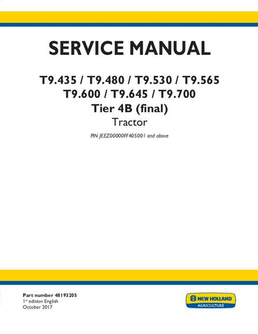 New Holland T9.435, T9.480, T9.530, T9.565, T9.600, T9.645, T9.700 Tractor Service Repair Manual 48193205 - Manual labs