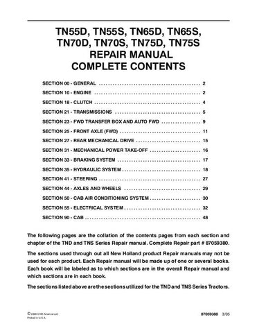 New Holland TN55D, TN55S, TN65D, TN65S, TN70D, TN70S, TN75D, TN75S Tractor Service Repair Manual 87059380 - Manual labs