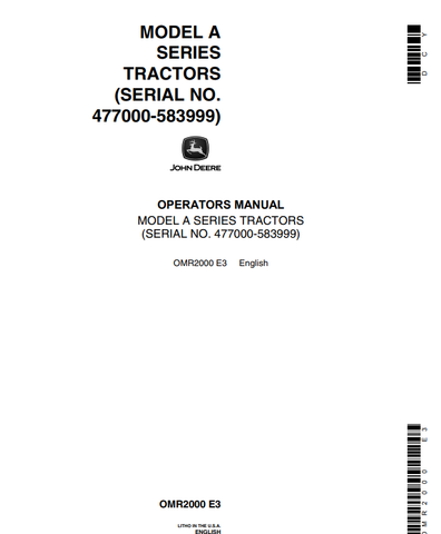 Download Operator’s Manual For John Deere Model A Series Tractors (SN 477000-583999).