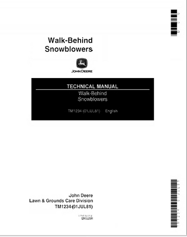 John Deere Walk-Behind Snowblower Technical Service Repair Manual TM1234 - Manual labs