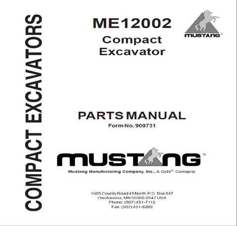 Mustang ME12002 Compact Excavator Parts Catalog Manual 909731 PDF Download - Manual labs