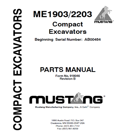Mustang ME 1903/2203 Compact Excavators Parts Catalog Manual (SN AB00454 - AD00453) 918046 PDF Download - Manual labs